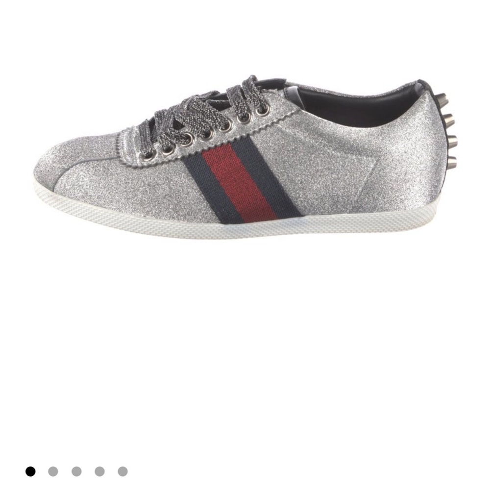 Silver Glitter Sneakers with Red and Black Stripe